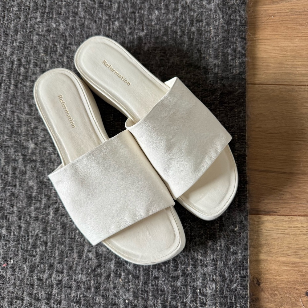 Reformation rue platform slide sandals in white leather